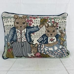 Brocade Rabbit Bunny Family Decorative Pillow 17" x 12.5" Blue Back